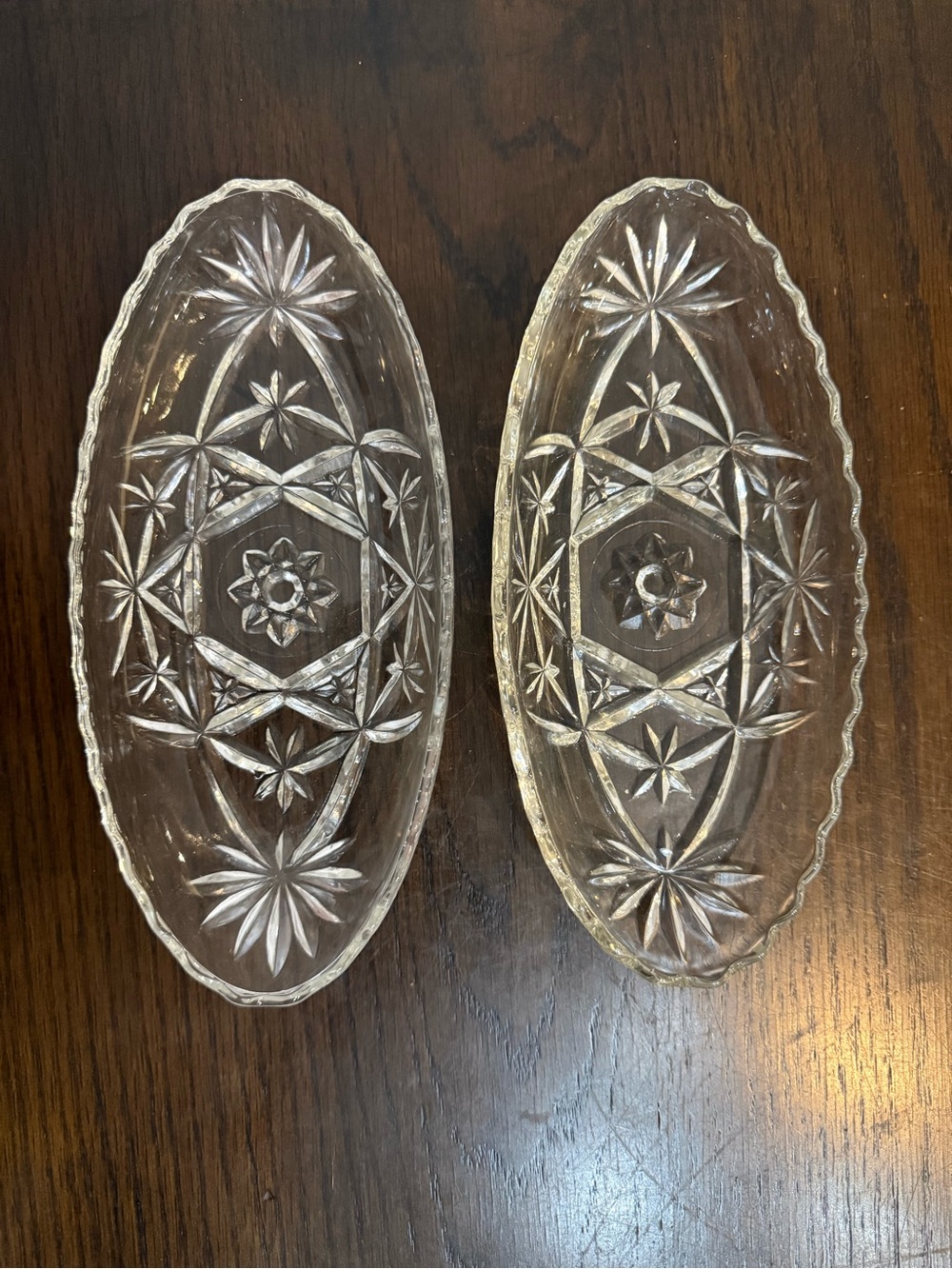 Vtg Anchor Hocking EAPC Star of David Oval Relish Dish Pressed Glass Set Of 2